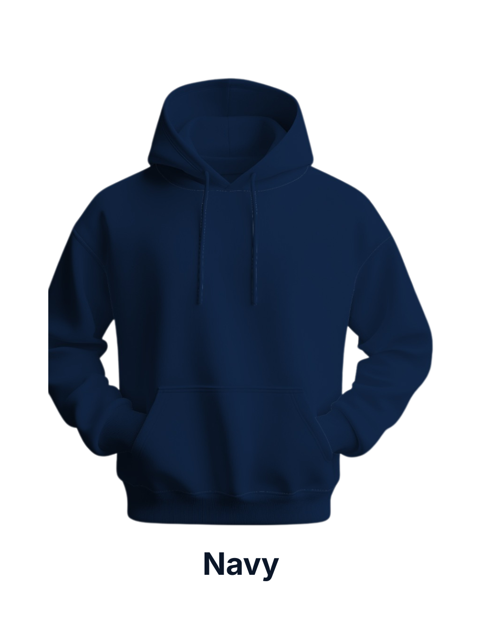 Navy blue hoodie on a white background with 'Navy' text below.