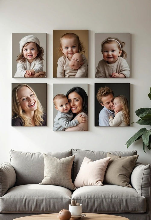 Wall art displaying multiple family portraits above a sofa in a living room.