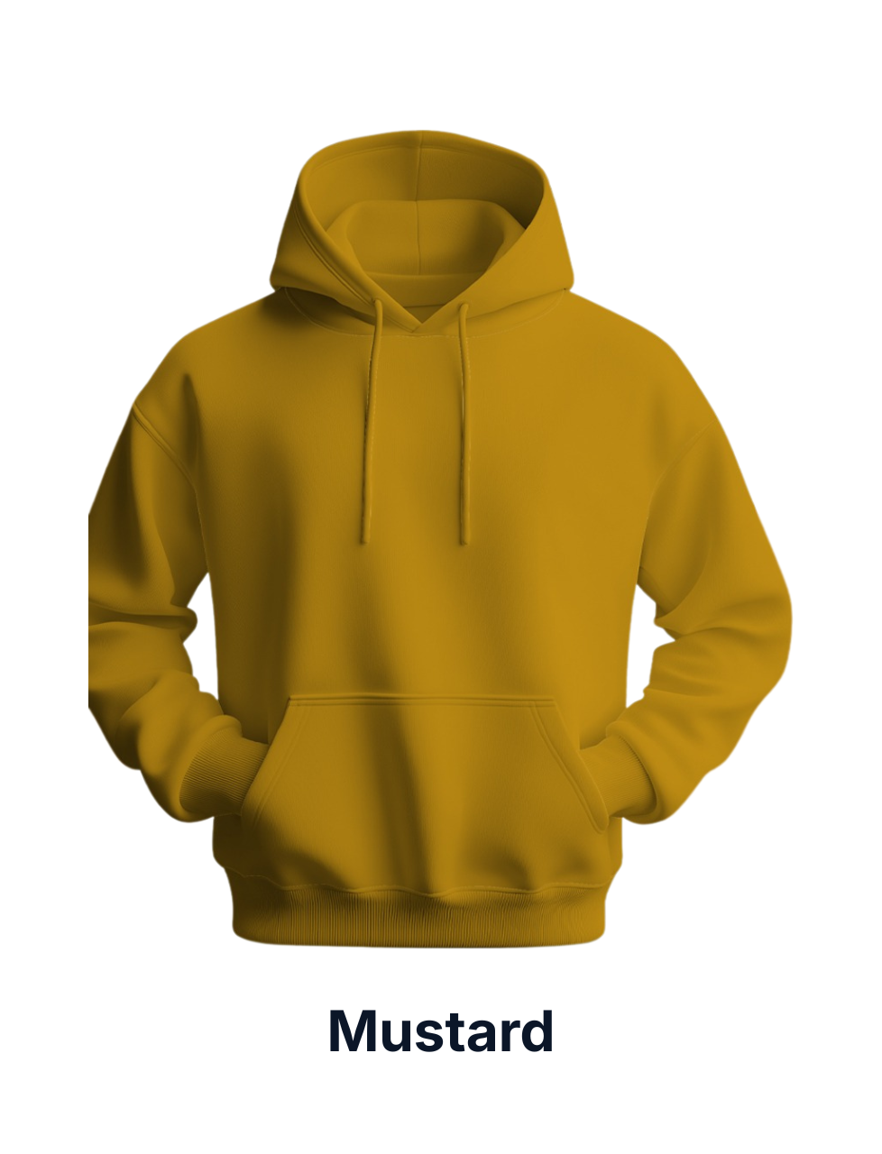 Mustard yellow hoodie on a white background with 'Mustard' text below.