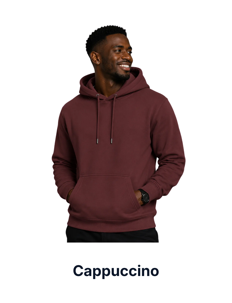 Man wearing a cappuccino hoodie on a white background