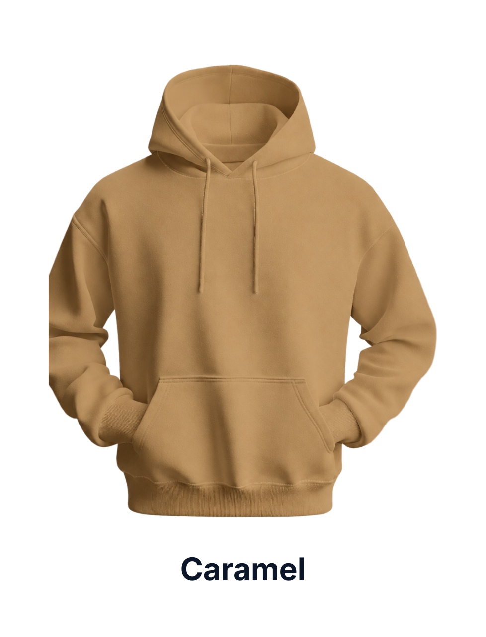 Caramel-colored hoodie on a white background with 'Caramel' text below.