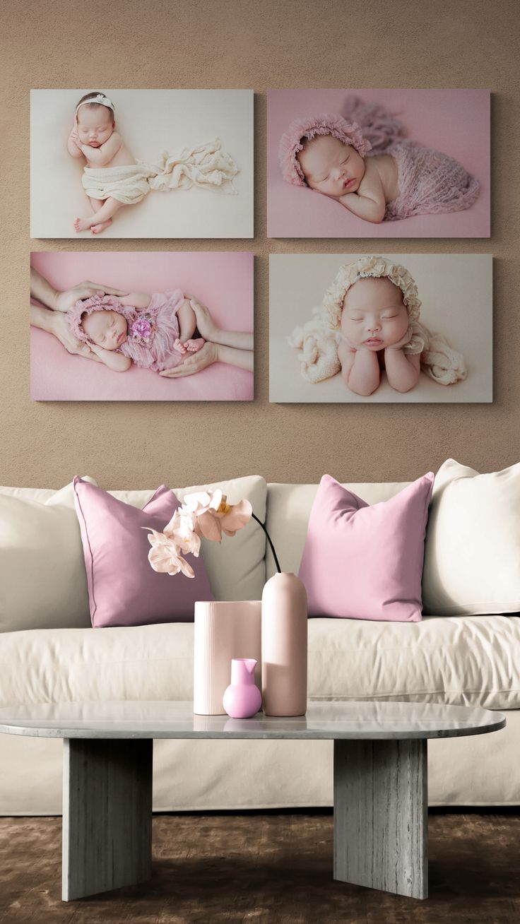 Set of baby photos on wall art with a cozy living room setting.