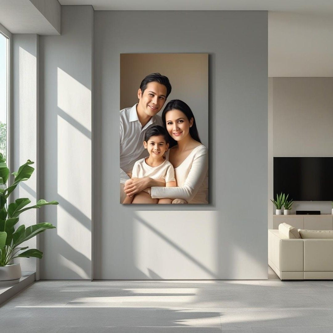 Family portrait on a wall in a modern living room